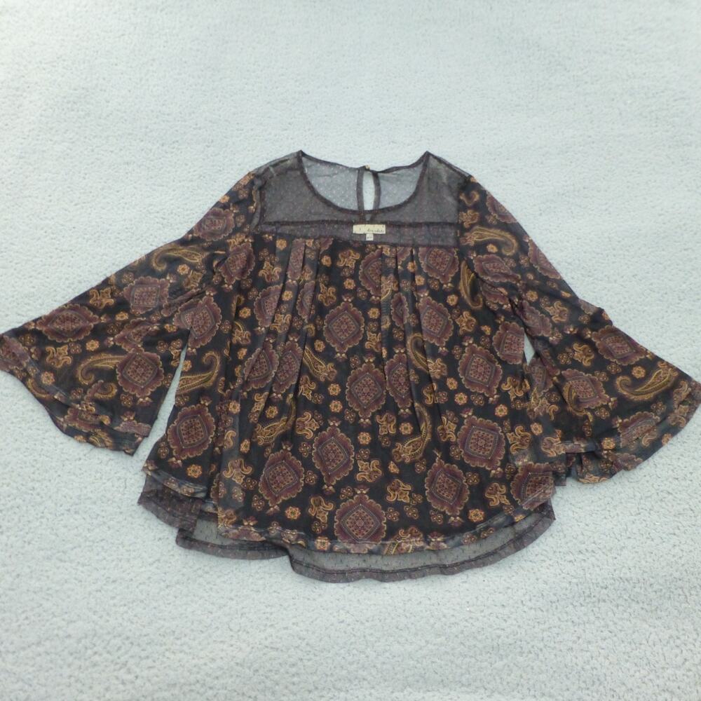Romantic Boho Top Womens Large Fairy Sheer Tru Self Brown Geometric Paisley